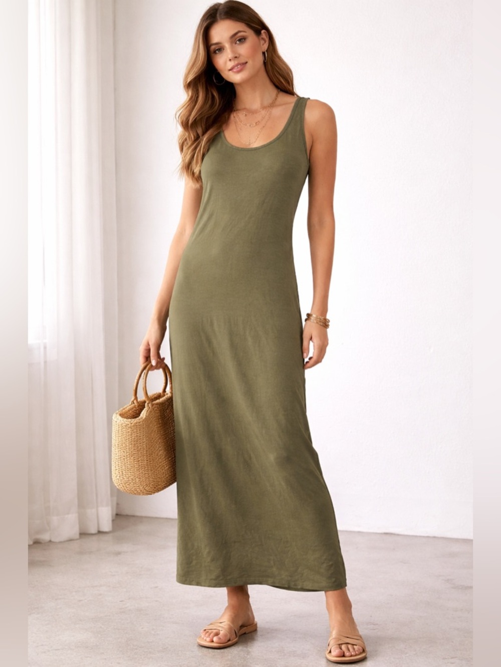 Sleeveless Olive Maxi Tank Dress - Classic Everyday Style. PTP 18. Length 44